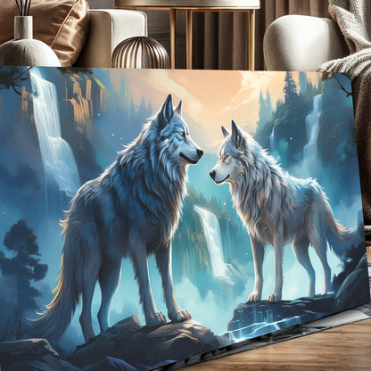 3D Wolves Wall Art IV canvas by Tailored Canvases, two wolves in a cool blue winter landscape on Tampa Home & Garden Store