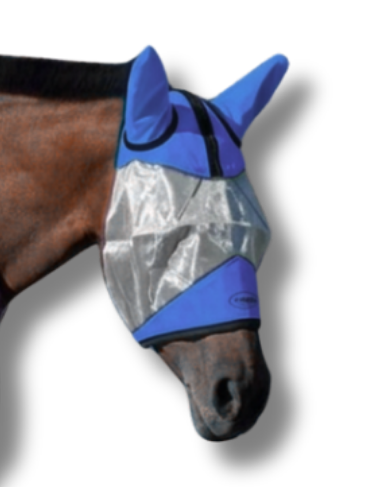ByeBye Fly Mask by TailCinch Equine on horse blue ears with silver shield panel on Tampa Home & Garden Store