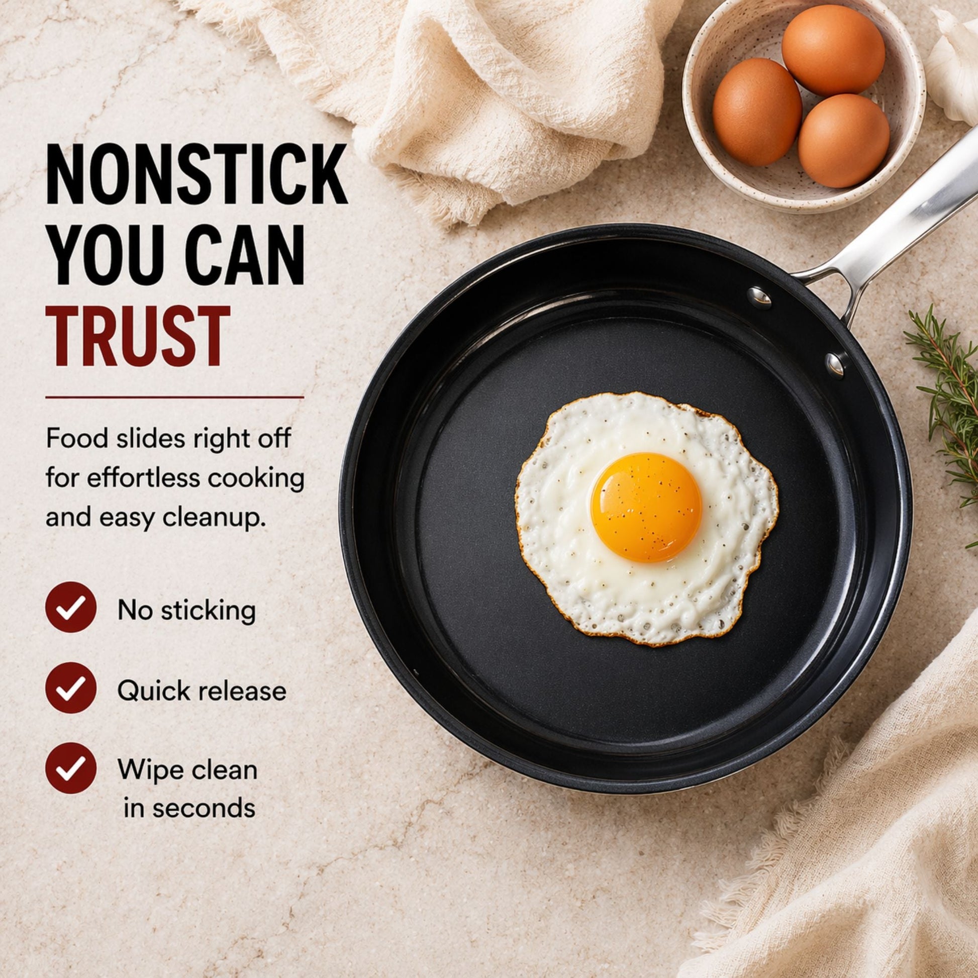 Alva Ceramic Nonstick Cookware Set in black pan with sunny eggs and beige towel on Tampa Home & Garden Store