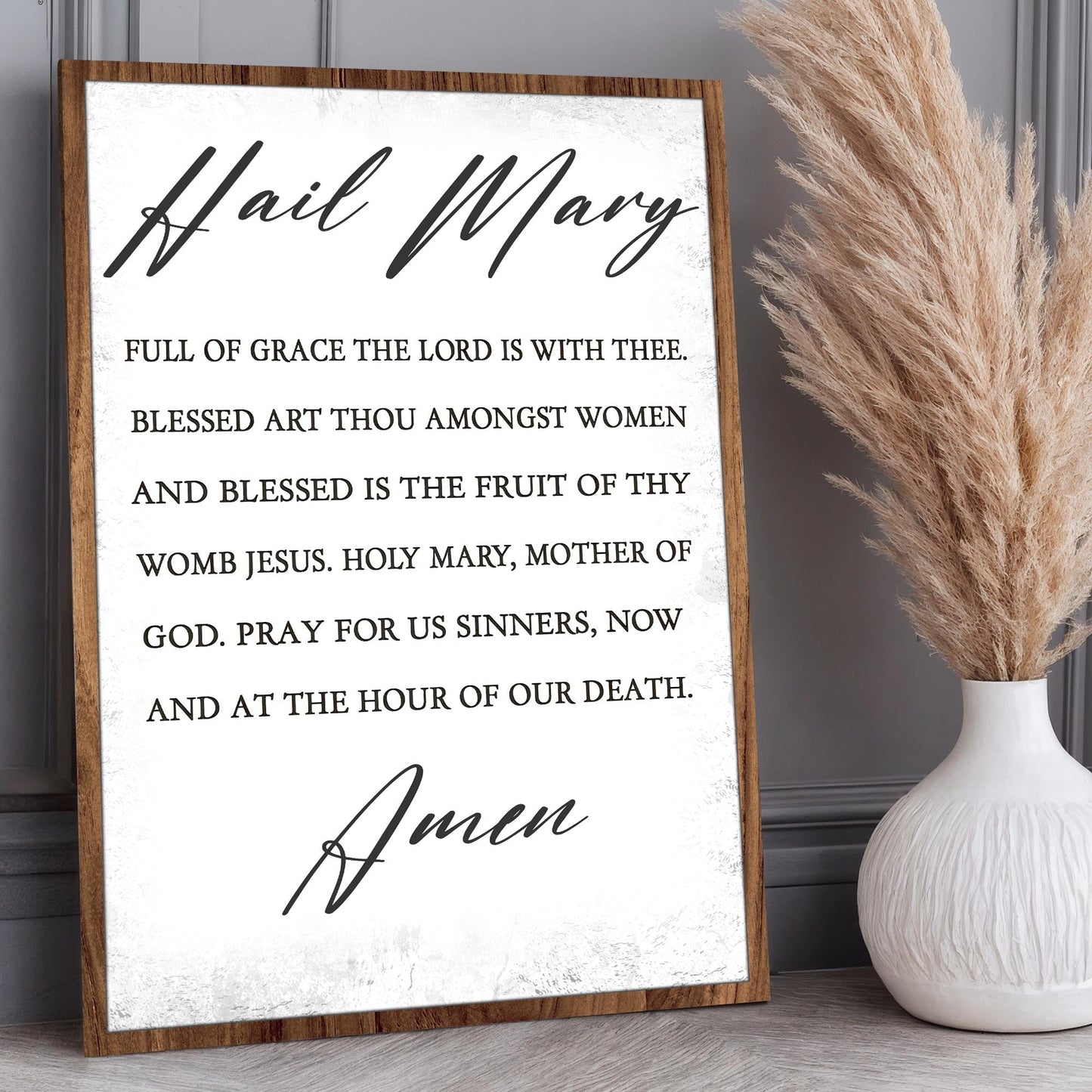 Hail Mary faith sign canvas with wood frame and script title, featuring Bible verse text on Tampa Home & Garden Store