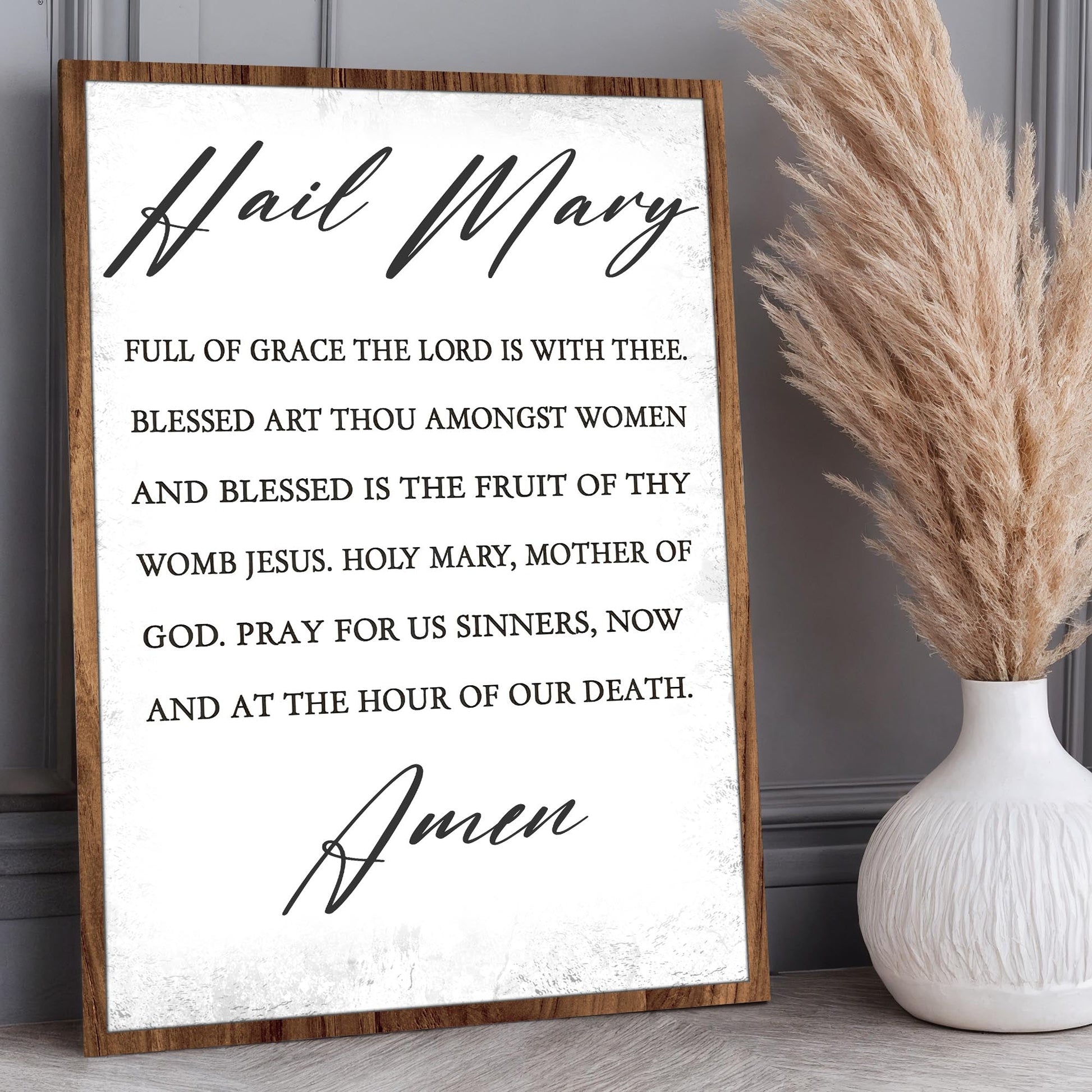 Hail Mary faith sign canvas with wood frame and script title, featuring Bible verse text on Tampa Home & Garden Store