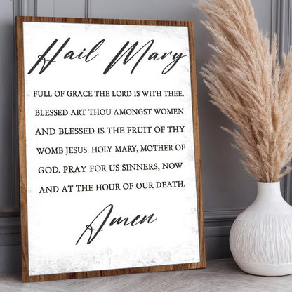 Hail Mary faith sign canvas with wood frame and script title, featuring Bible verse text on Tampa Home & Garden Store