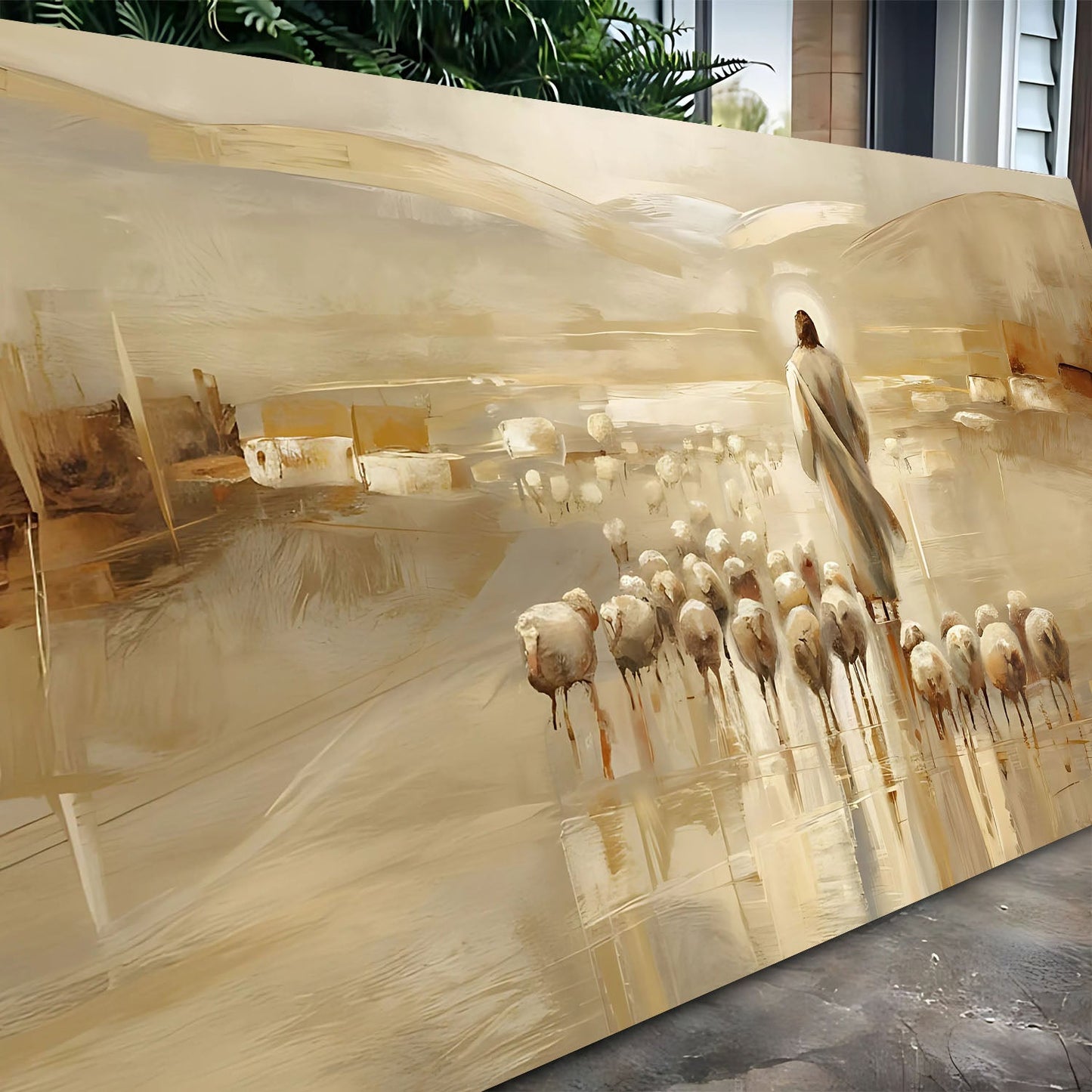 99 Faith Wall Art IX canvas by Tailored Canvases; gold beige abstract with a cloaked figure on Tampa Home & Garden Store