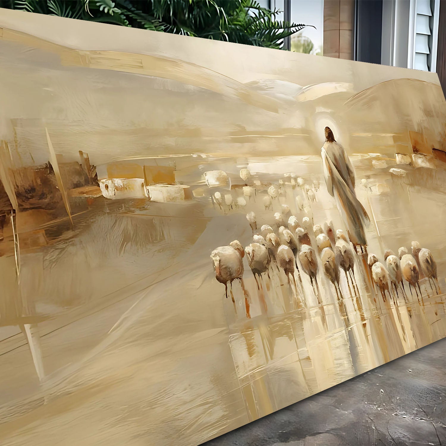 99 Faith Wall Art IX canvas by Tailored Canvases; gold beige abstract with a cloaked figure on Tampa Home & Garden Store
