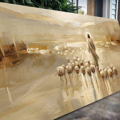 99 Faith Wall Art IX canvas by Tailored Canvases; gold beige abstract with a cloaked figure on Tampa Home & Garden Store