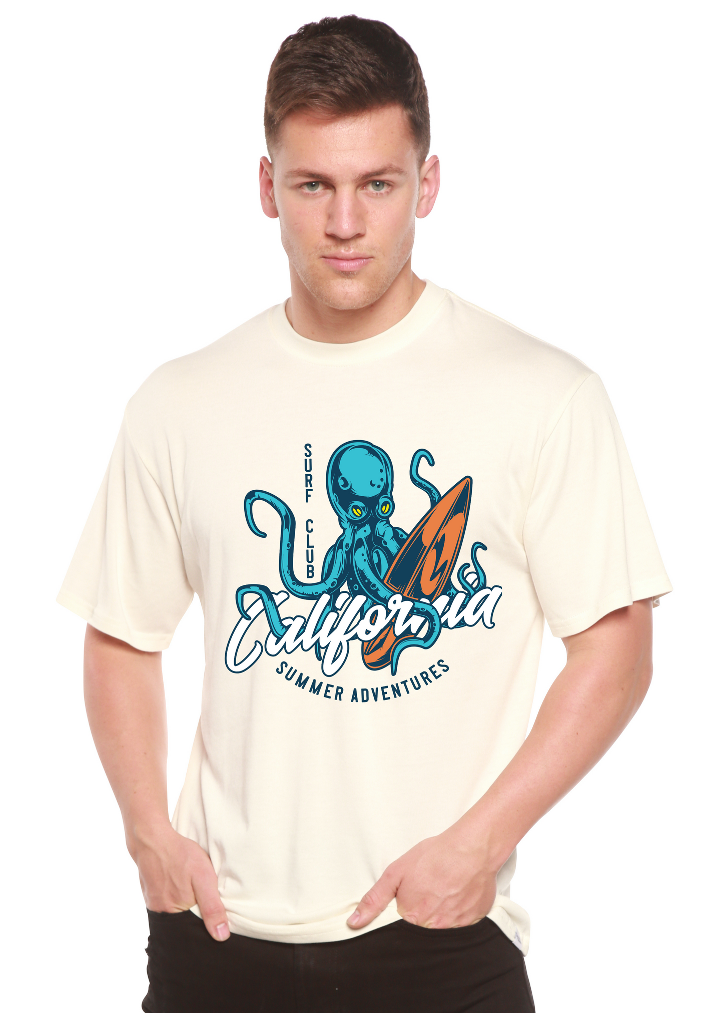 California Summer Adventures men's printed tee in cream with blue octopus and orange surfboard on Tampa Home & Garden Store