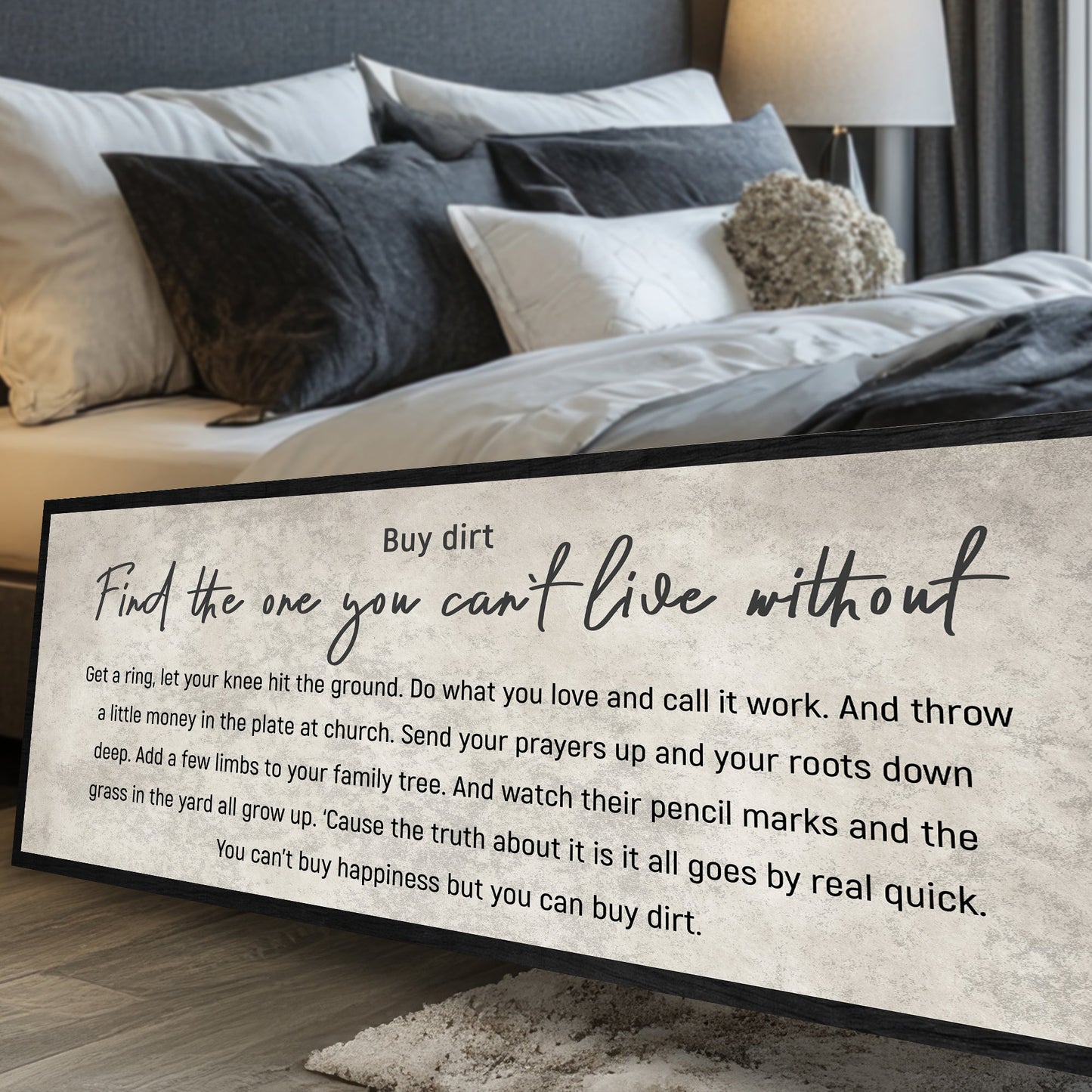 Find The One You Can't Live Without Family Sign III canvas with black script on beige in bedroom on Tampa Home & Garden Store