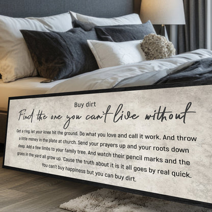 Find The One You Can't Live Without Family Sign III canvas with black script on beige in bedroom on Tampa Home & Garden Store