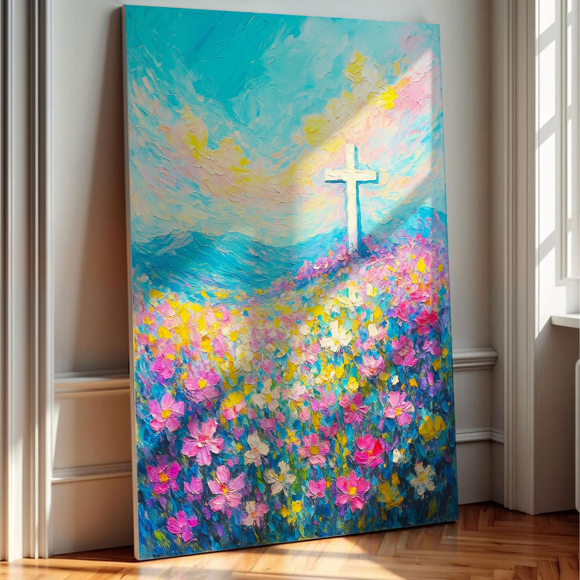 Cross Floral Field Faith Wall Art III canvas with blue sky and pink yellow blossoms on Tampa Home & Garden Store