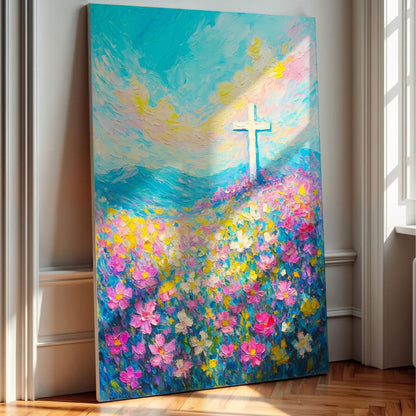 Cross Floral Field Faith Wall Art III canvas with blue sky and pink yellow blossoms on Tampa Home & Garden Store
