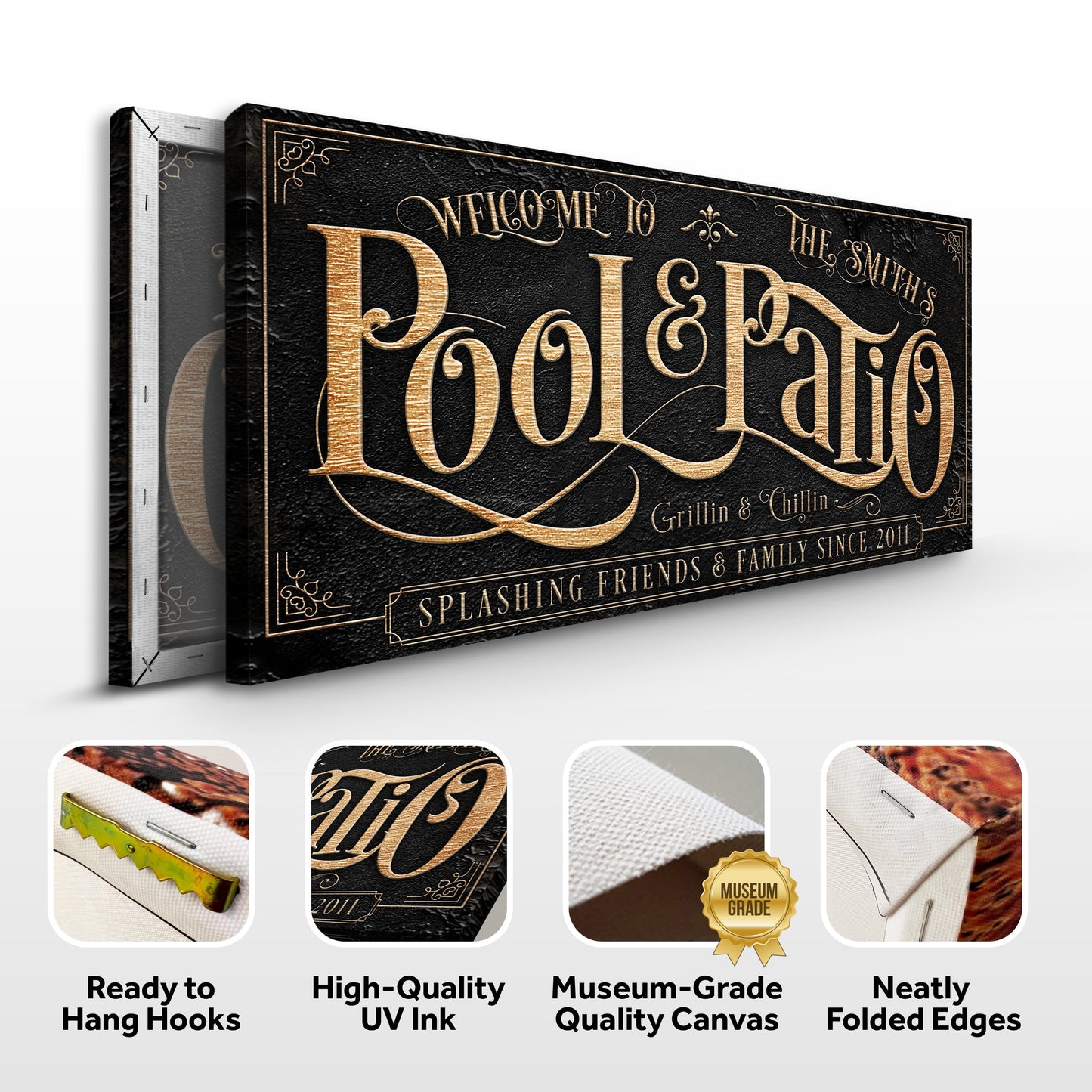 Personalized Pool & Patio Sign II canvas by Tailored Canvases with black gold lettering on Tampa Home & Garden Store