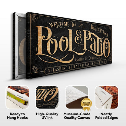 Personalized Pool & Patio Sign II canvas by Tailored Canvases with black gold lettering on Tampa Home & Garden Store