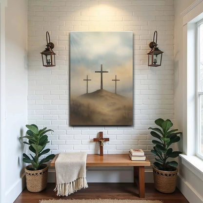 Three Crosses on Calvary Faith Wall Art II canvas by Tailored Canvases in soft blue tones on Tampa Home & Garden Store