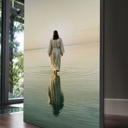Reflections Faith Wall Art V canvas shows robe-clad figure walking toward tranquil lake reflection on Tampa Home & Garden Store