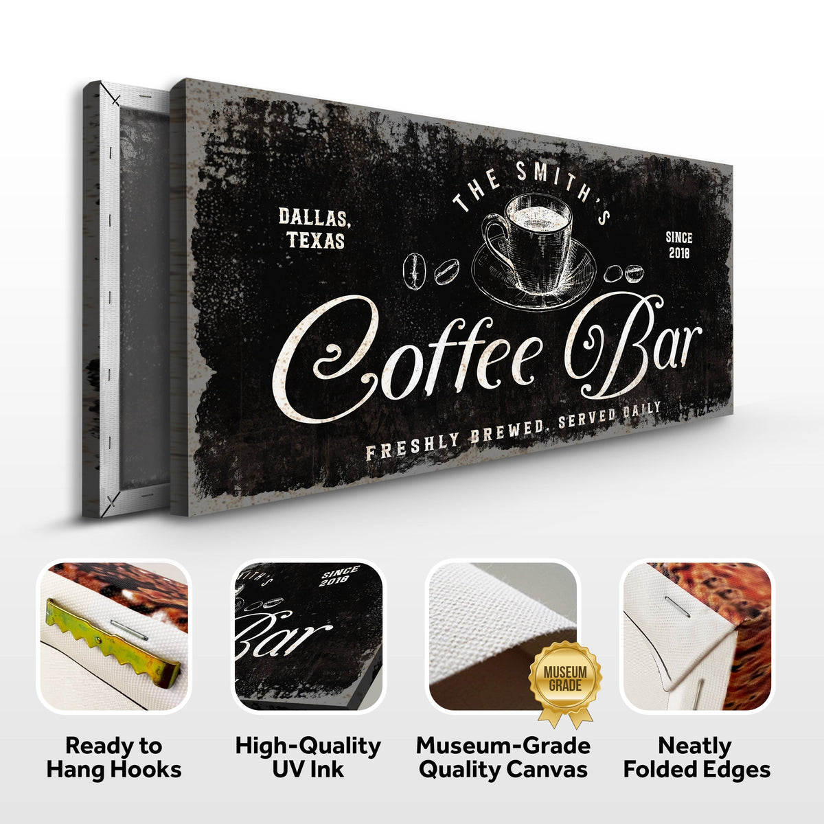 Coffee Bar Sign V Canvas by Tailored Canvases with white script on dark chalkboard on Tampa Home & Garden Store