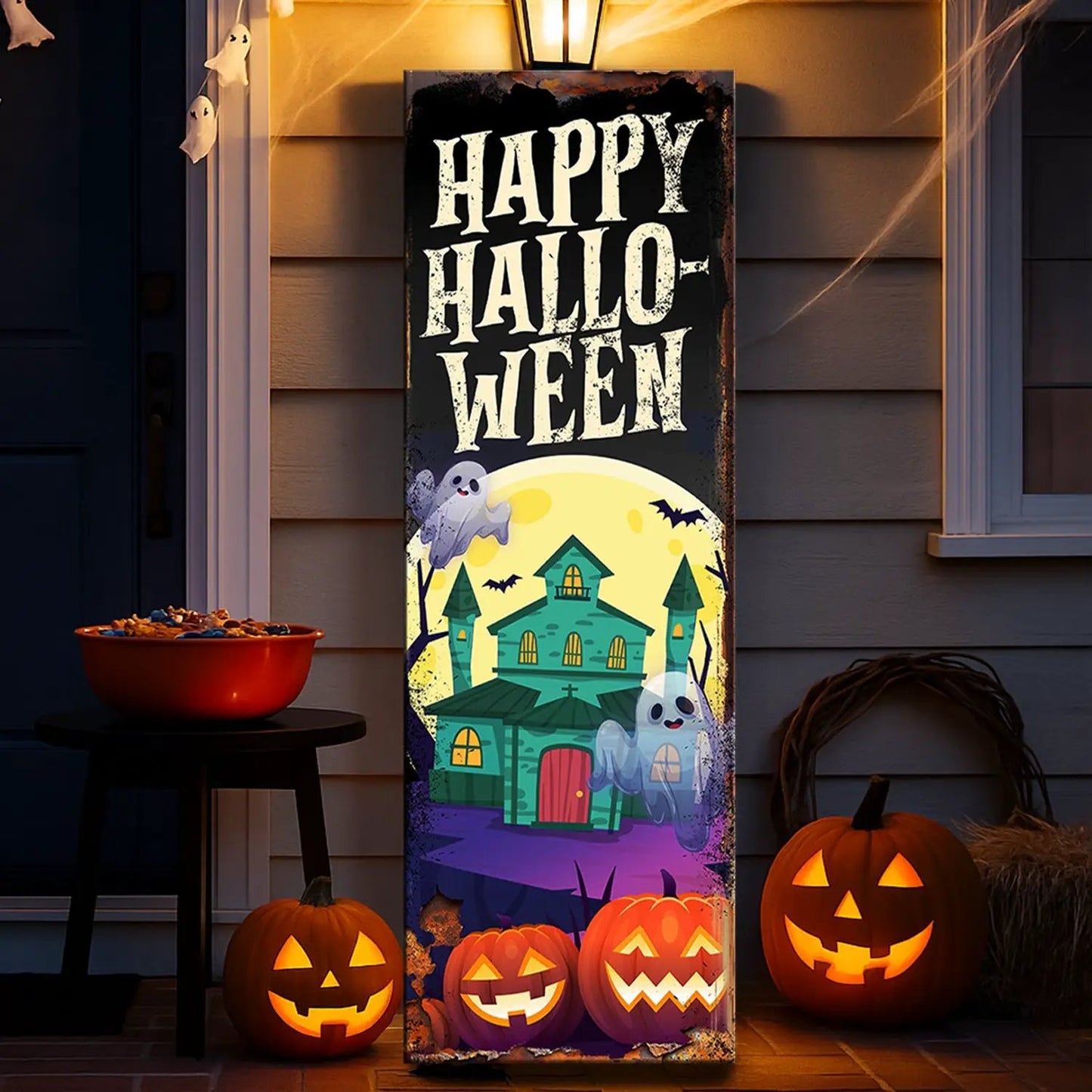 Halloween Welcome Sign canvas with distressed top and haunted house scene ghosts and pumpkins on Tampa Home & Garden Store