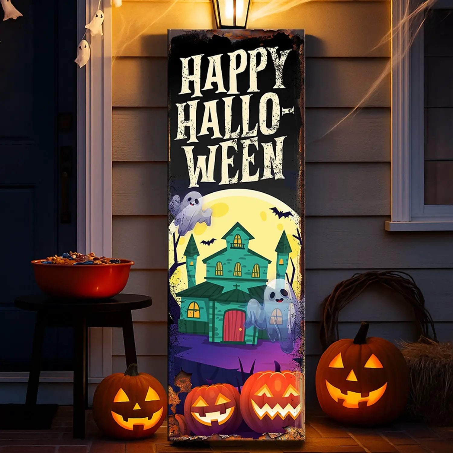Halloween Welcome Sign canvas with distressed top and haunted house scene ghosts and pumpkins on Tampa Home & Garden Store