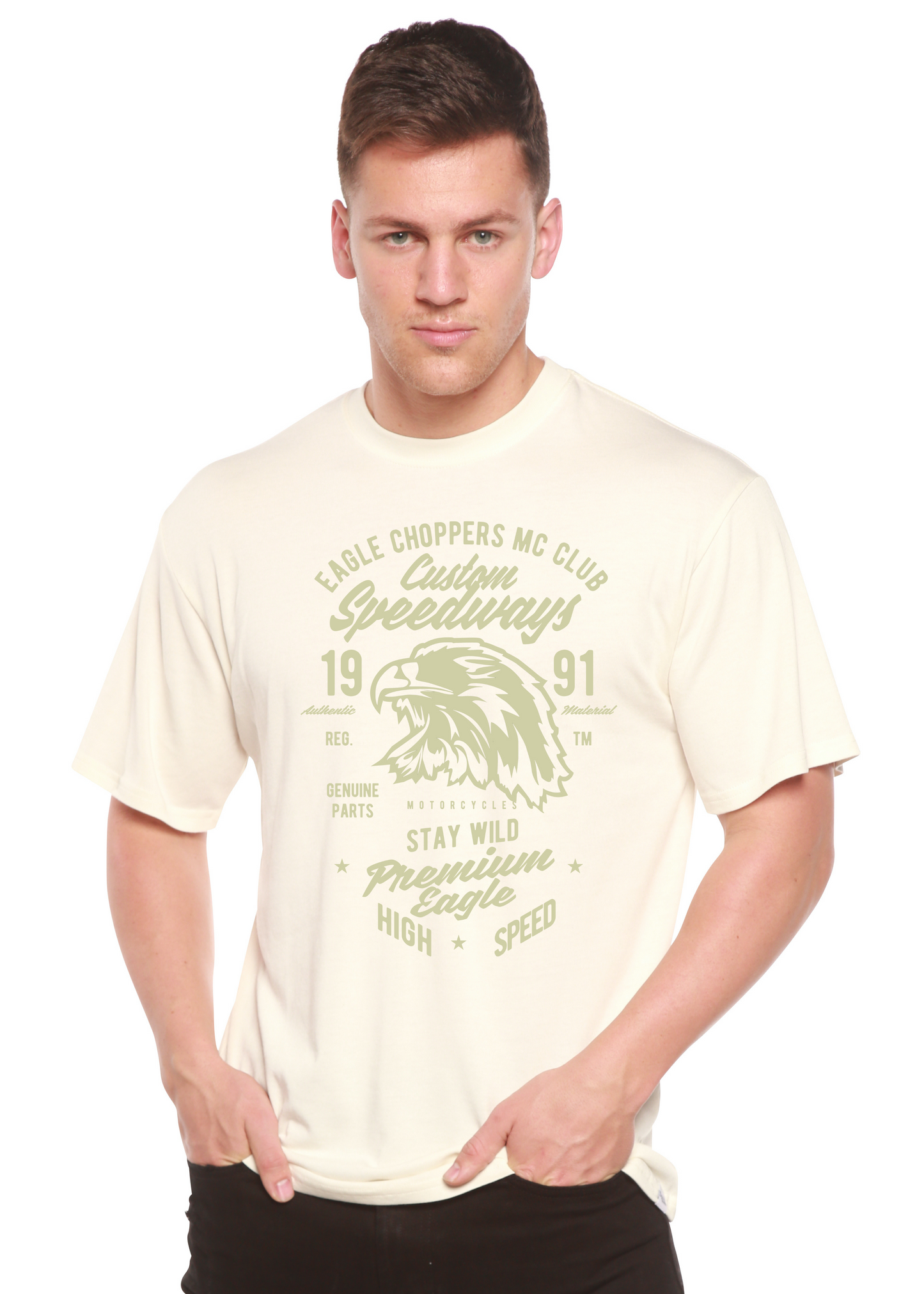 Custom Speedways Eagle tee, men's bamboo cotton, cream with green eagle, Spun Bamboo on Tampa Home & Garden Store