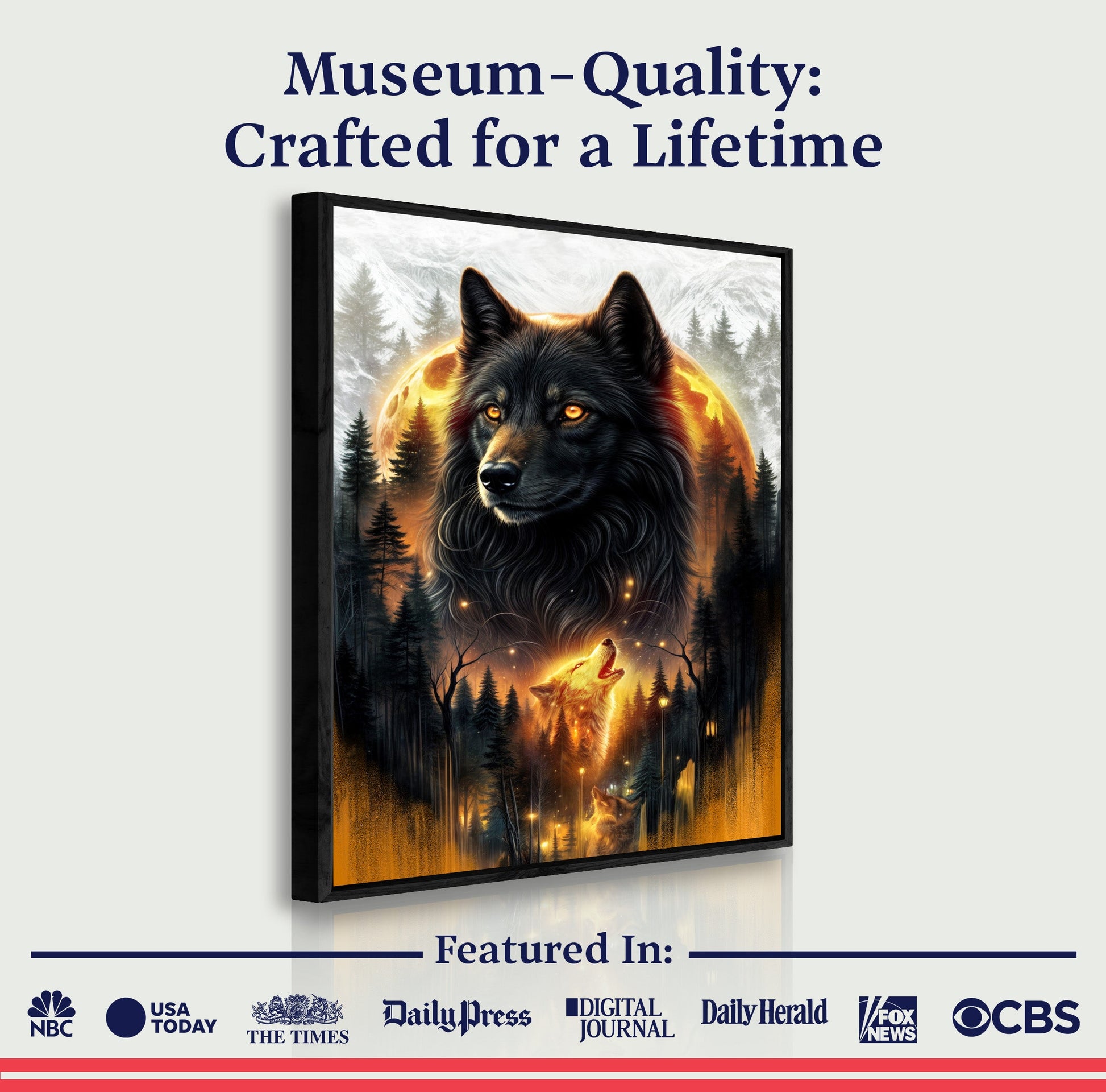 Eclipse of the Alpha Wolf canvas by Tailored Canvases framed crafting canvas with fiery wolf in forest on Tampa Home & Garden Store