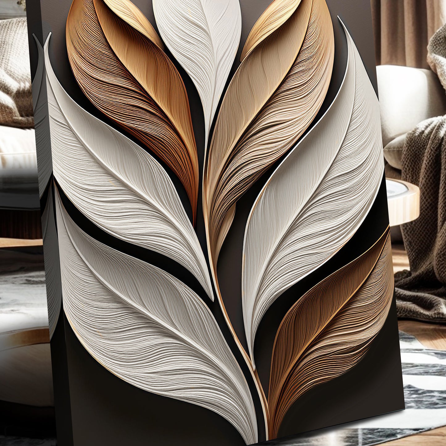 Elegant 3D Leaf Wall Art canvas with layered white and bronze leaves on a black background on Tampa Home & Garden Store