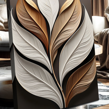 Elegant 3D Leaf Wall Art canvas with layered white and bronze leaves on a black background on Tampa Home & Garden Store