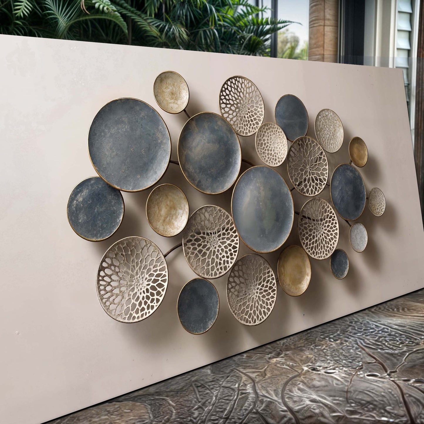 Lotus Leaf Abstract Wall Art IV canvas with blue-gray circular discs, some perforated on Tampa Home & Garden Store