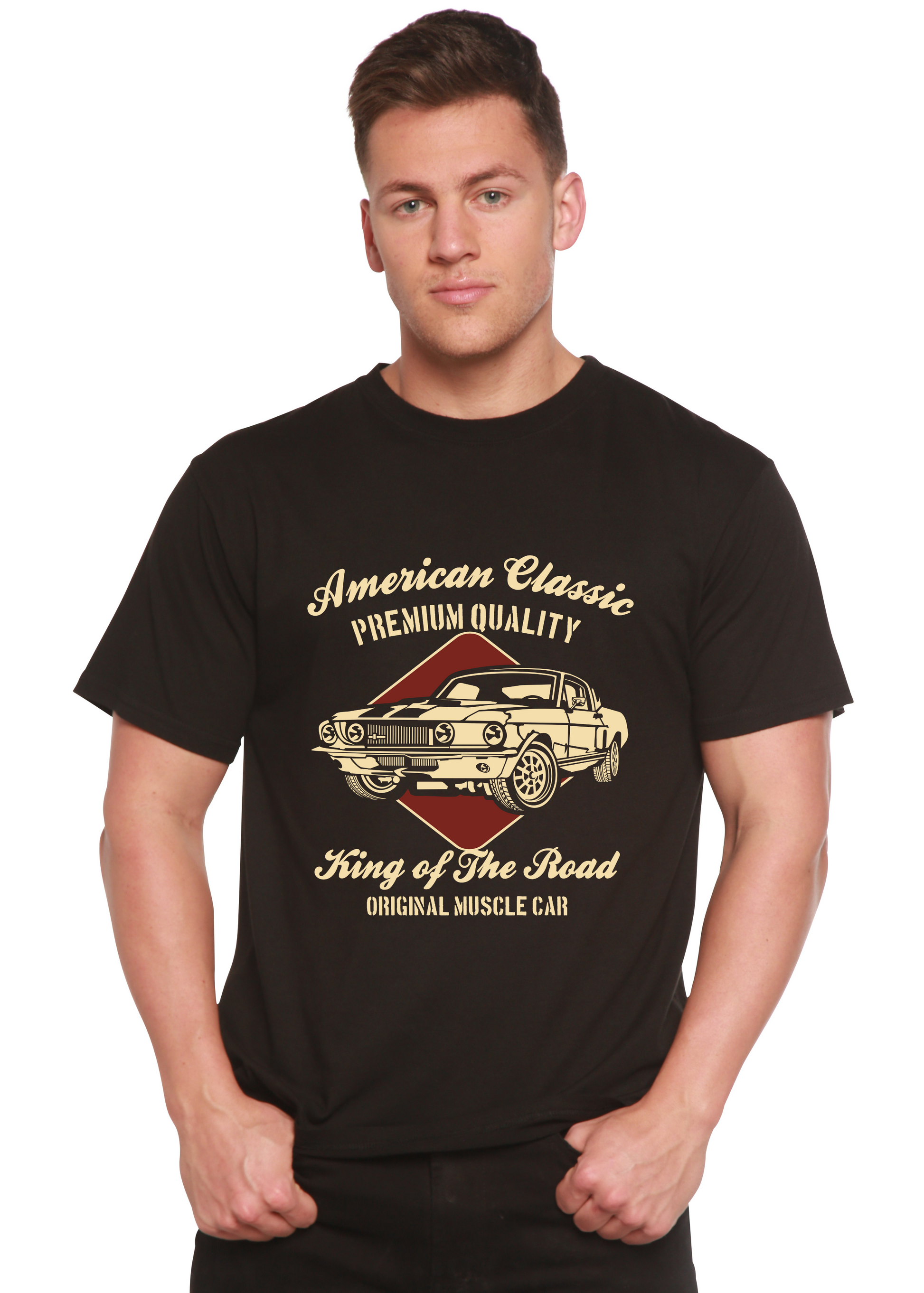 American Classic men's graphic T-shirt in black with car print, bamboo viscose/organic cotton on Tampa Home & Garden Store
