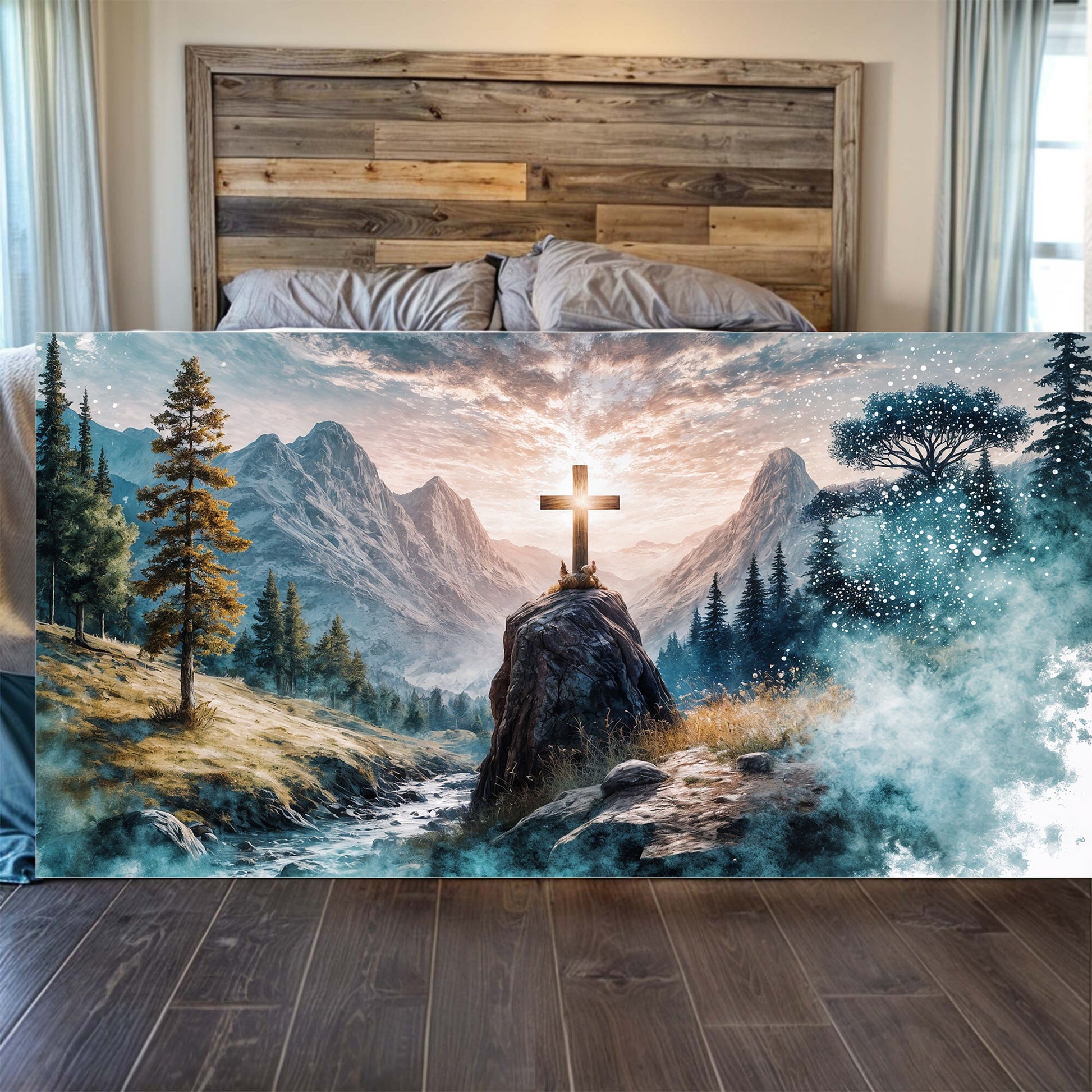 Cross On A Hill Faith Wall Art canvas by Tailored Canvases, rustic wood panel framed backdrop on Tampa Home & Garden Store