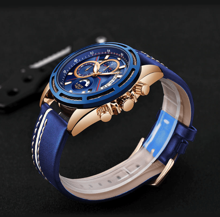 Men's waterproof watch Stevvex with blue dial, blue bezel, rose-gold case, leather strap on Tampa Home & Garden Store