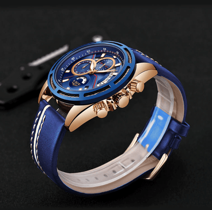 Men's waterproof watch Stevvex with blue dial, blue bezel, rose-gold case, leather strap on Tampa Home & Garden Store
