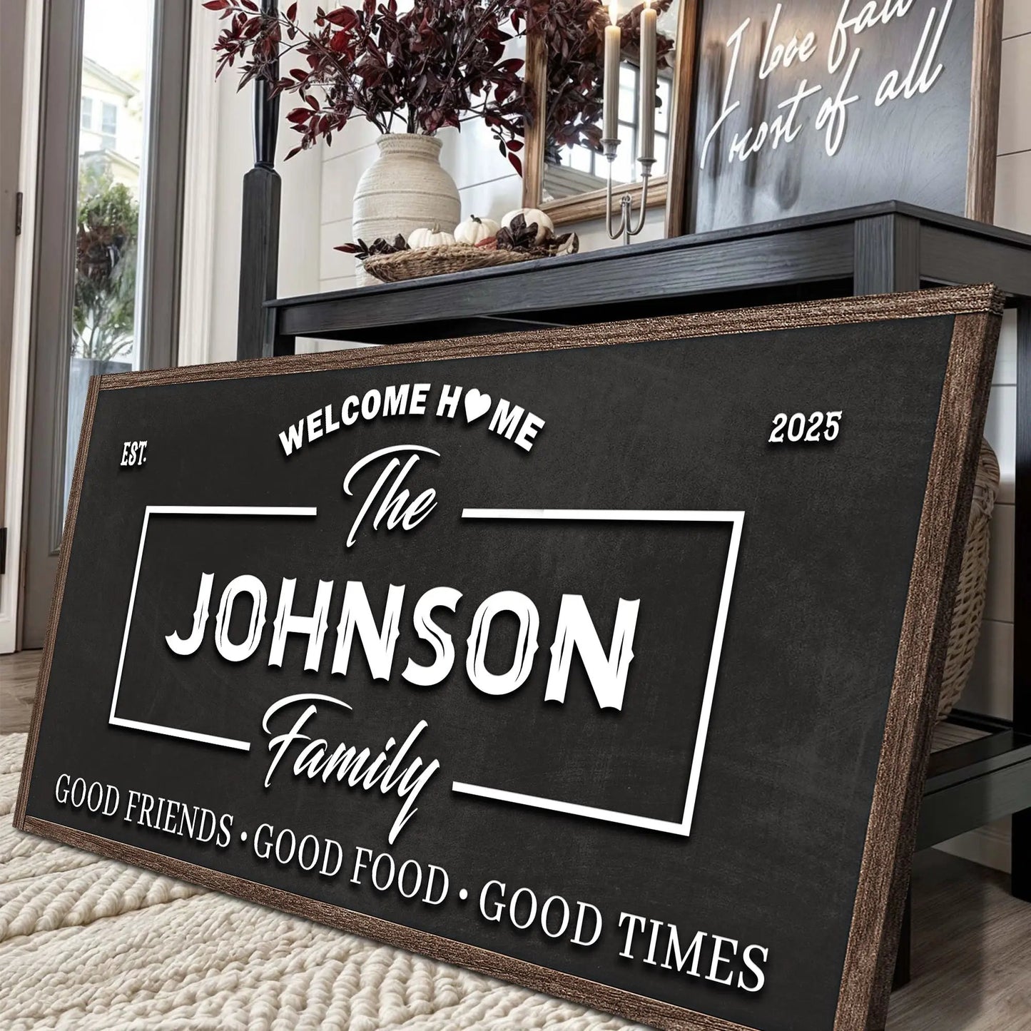 Canvas Welcome Home wall sign with Johnson Family on black chalkboard white typography on Tampa Home & Garden Store