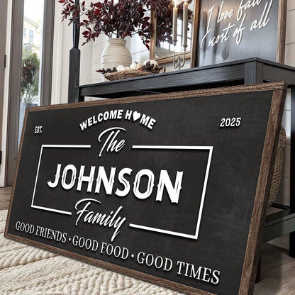 Canvas Welcome Home wall sign with Johnson Family on black chalkboard white typography on Tampa Home & Garden Store