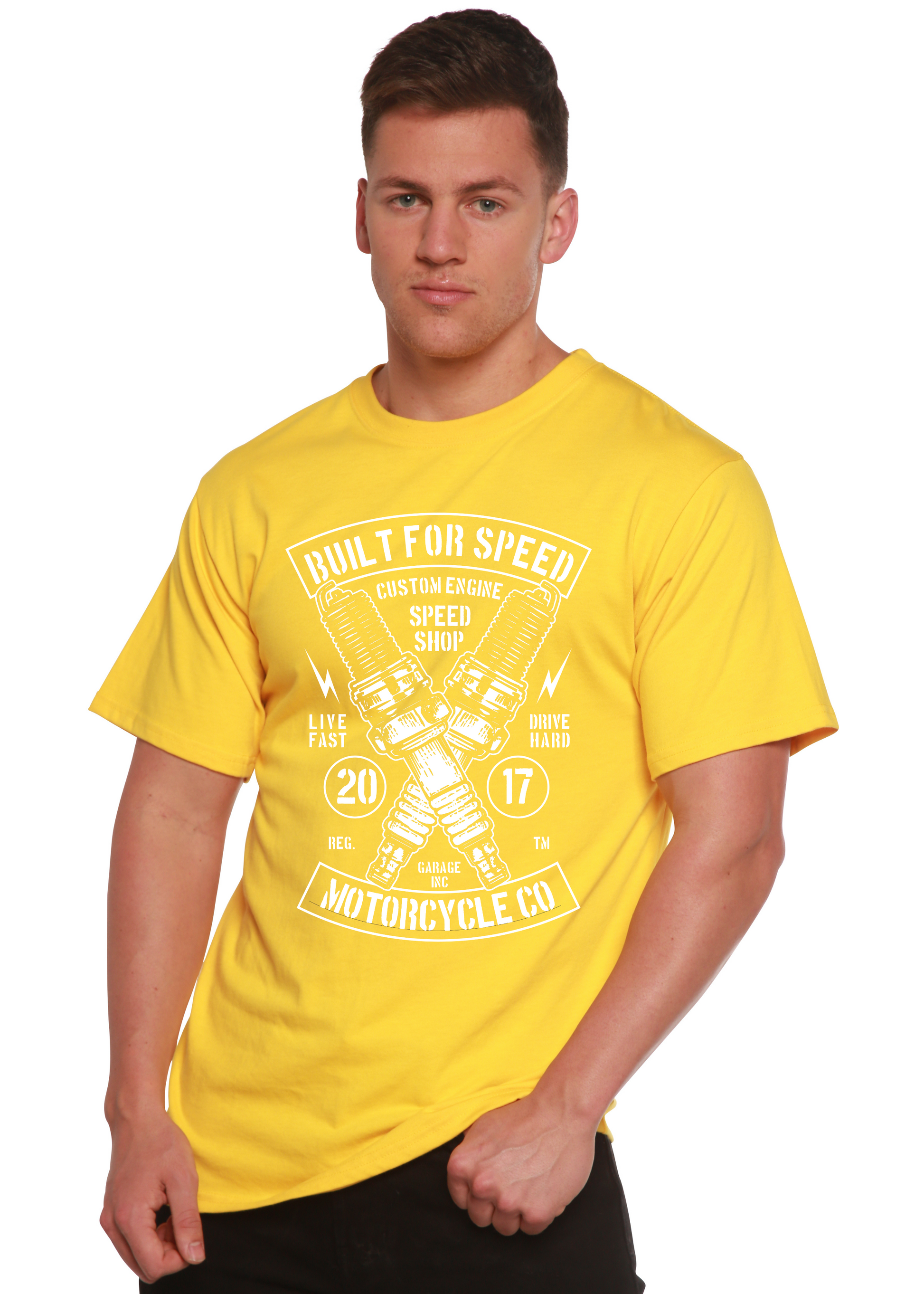 Built For Speed bamboo viscose/organic cotton short sleeve graphic tee, yellow engine print on Tampa Home & Garden Store