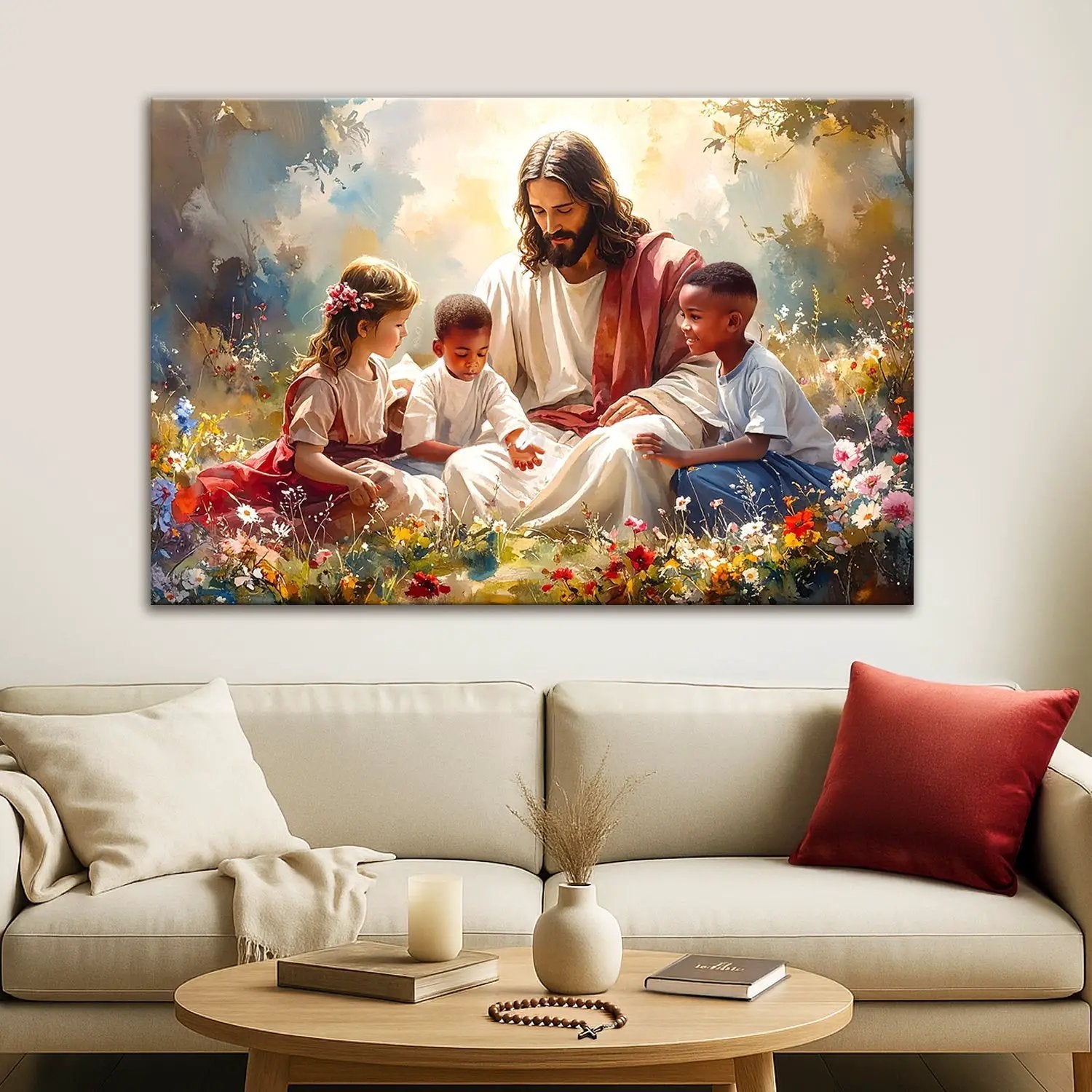 Jesus With Children Faith Wall Art VII canvas by Tailored Canvases in a sunlit meadow scene on Tampa Home & Garden Store