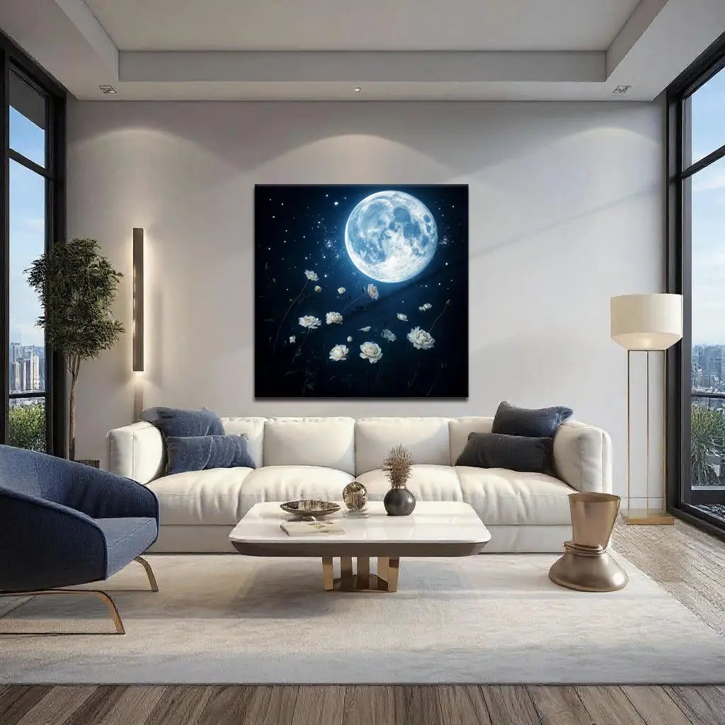 Lunar Canvas Wall Art by Tailored Canvases, blue floral moon scene above a white sofa on Tampa Home & Garden Store