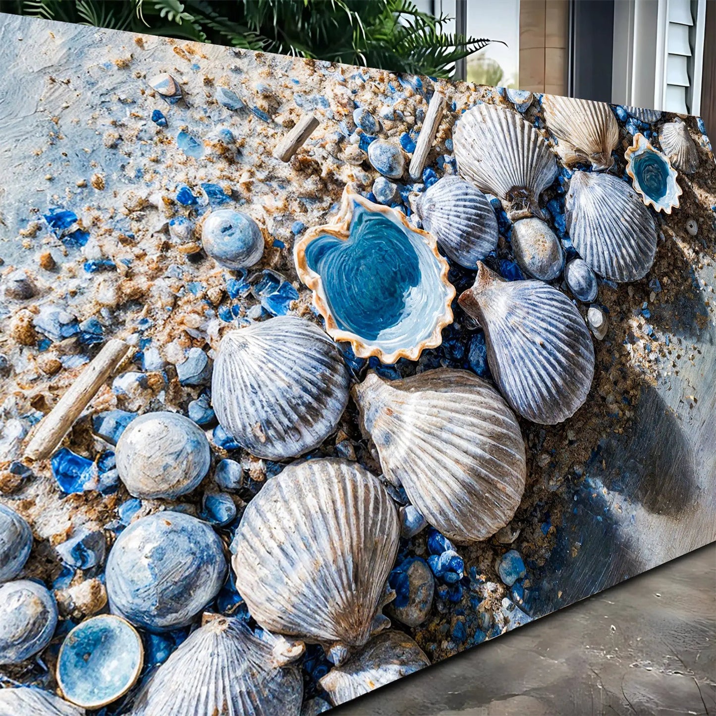 Sea Shells Modern Coastal Wall Art II canvas by Tailored Canvases with blue seashells on sand on Tampa Home & Garden Store