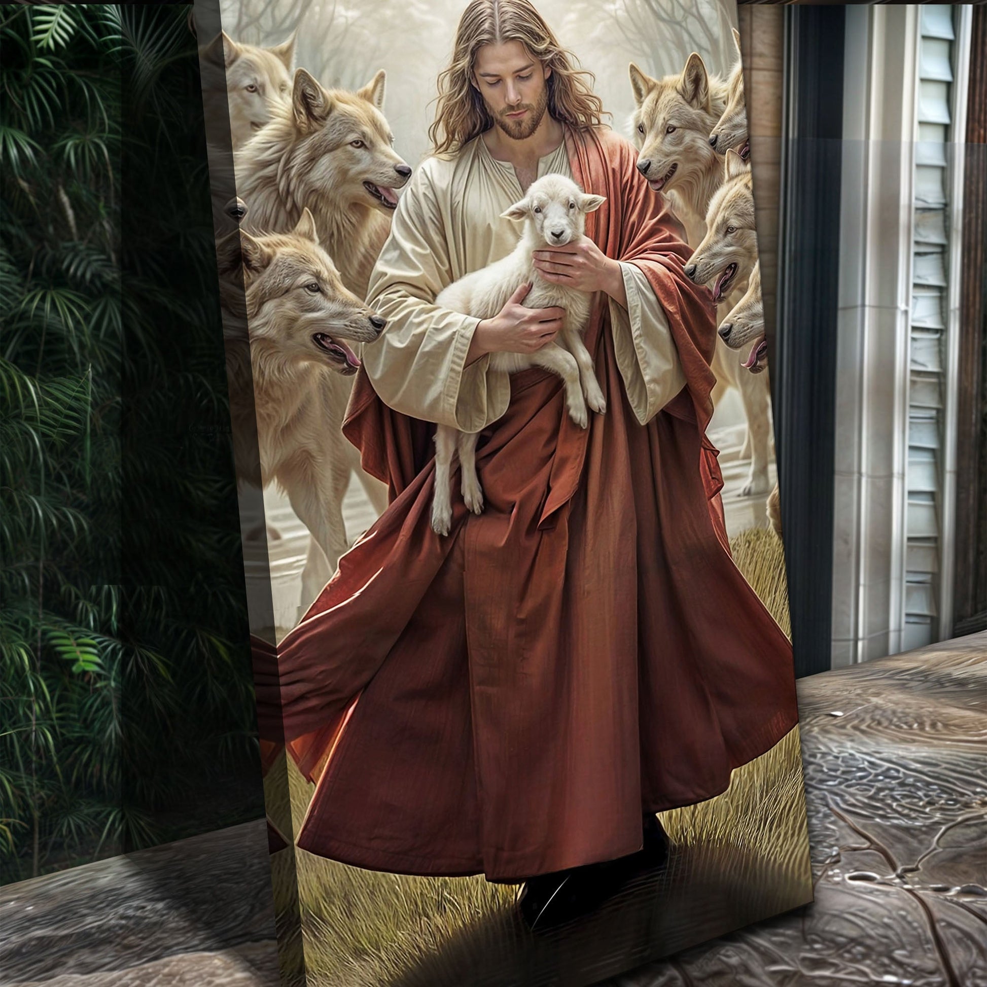 Faith Wall Art VI canvas by Tailored Canvases shows shepherd and lamb among wolves on Tampa Home & Garden Store