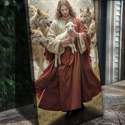Faith Wall Art VI canvas by Tailored Canvases shows shepherd and lamb among wolves on Tampa Home & Garden Store