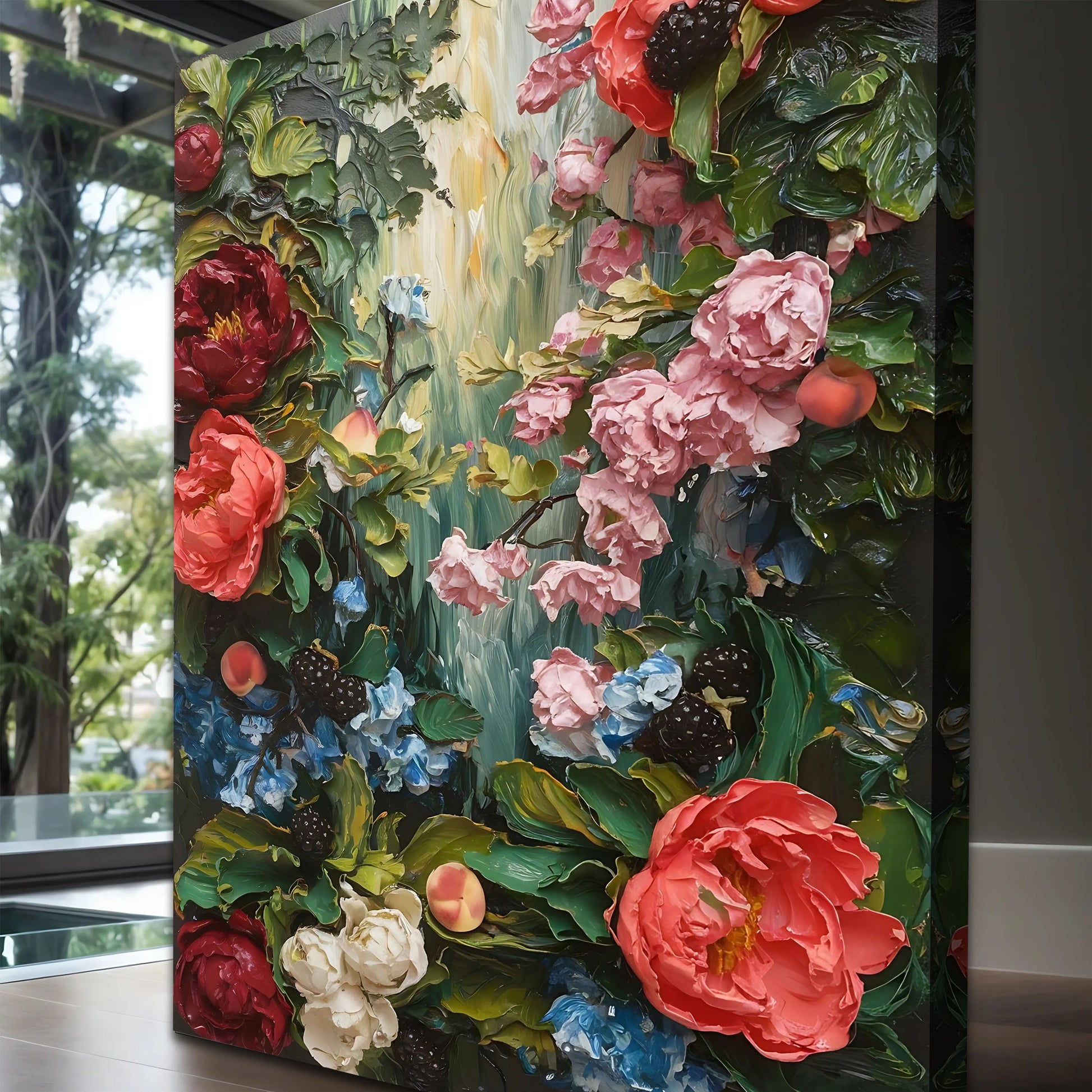 Garden Floral Wall Art canvas by Tailored Canvases, vivid pink and red blossoms on green leaves on Tampa Home & Garden Store