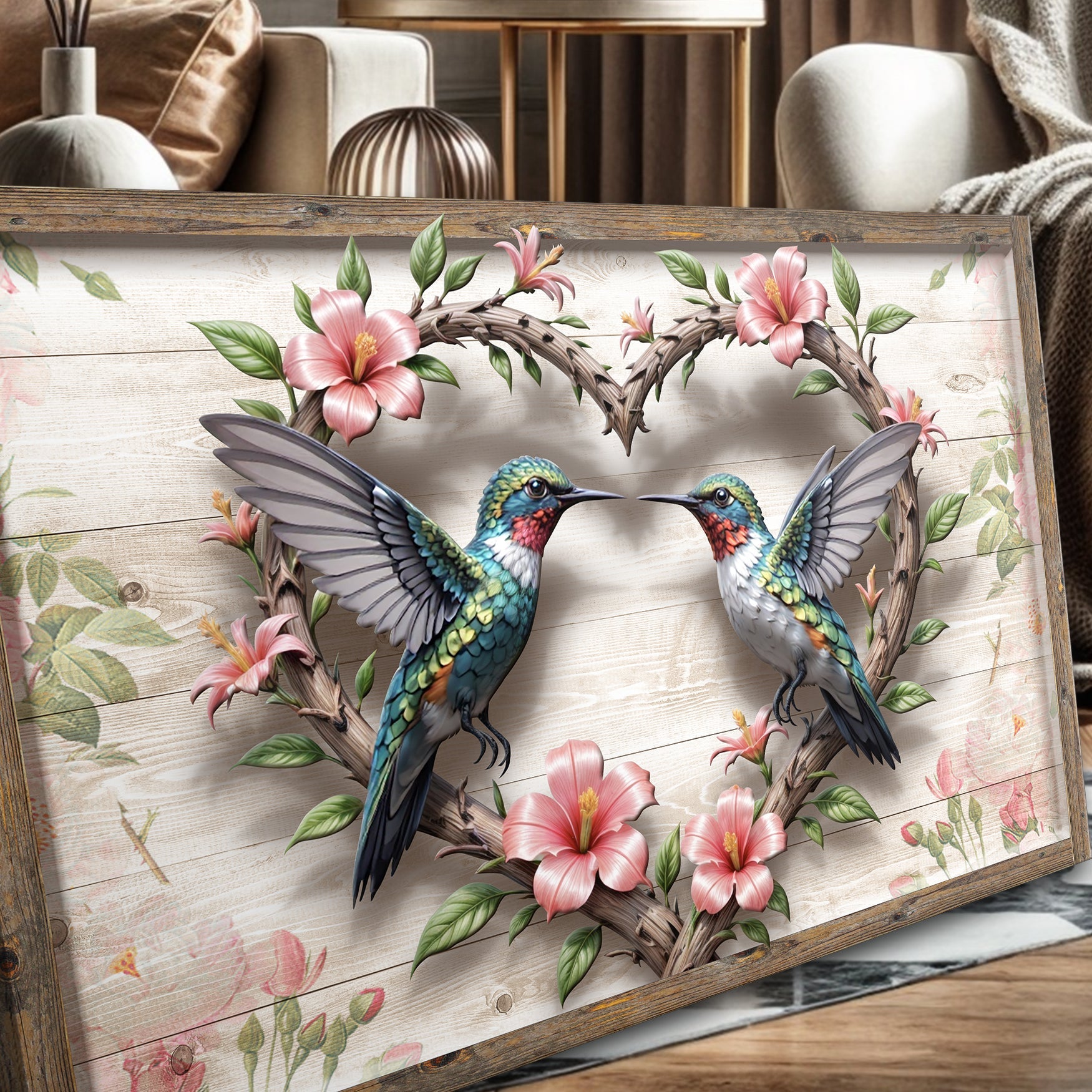 3D Hummingbirds Wall Art II canvas with two hummingbirds, pink hibiscus on rustic wood frame on Tampa Home & Garden Store