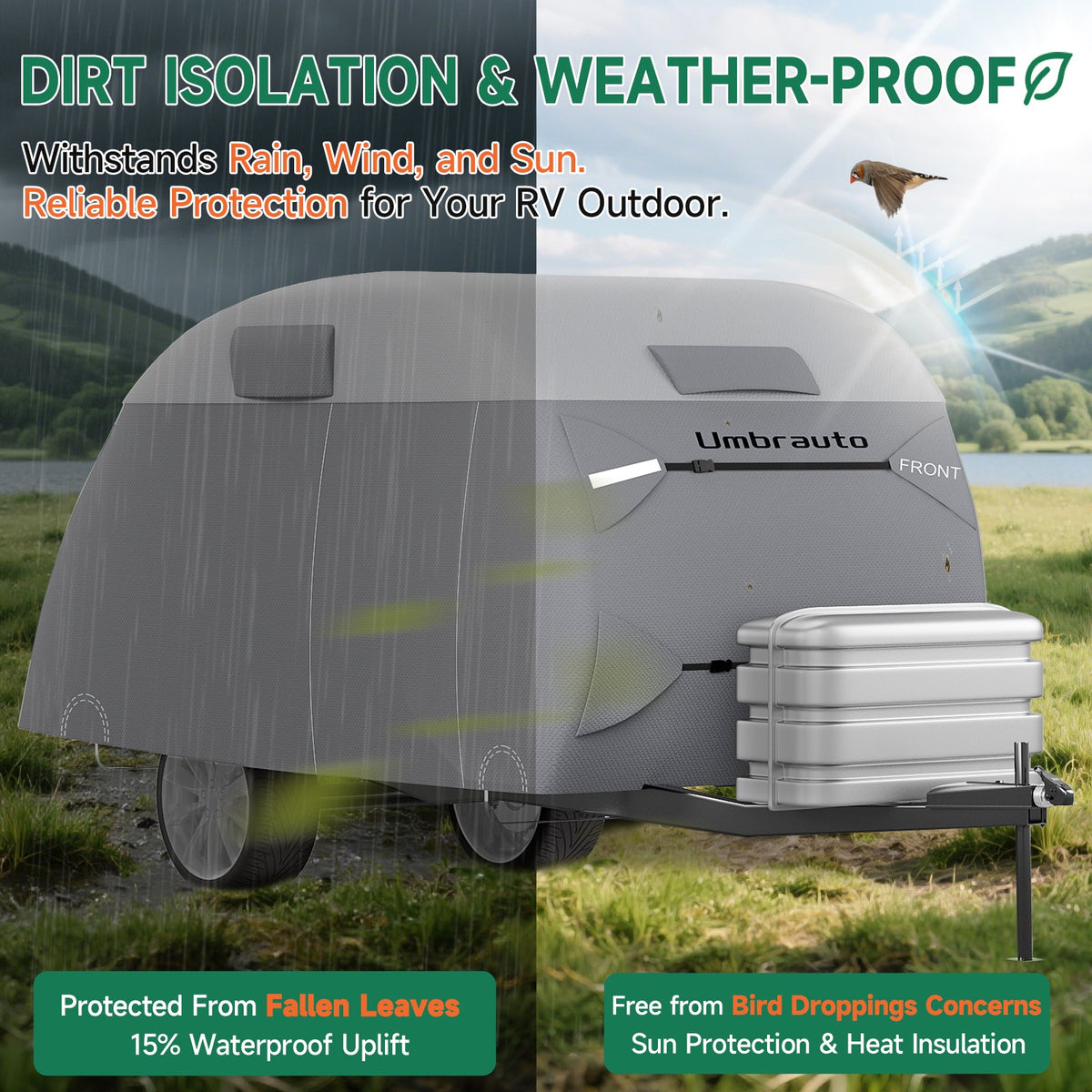 Umbrauto 7-Layer Teardrop Travel Trailer Cover on a gray teardrop camper with front storage box on Tampa Home & Garden Store