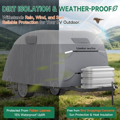 Umbrauto 7-Layer Teardrop Travel Trailer Cover on a gray teardrop camper with front storage box on Tampa Home & Garden Store