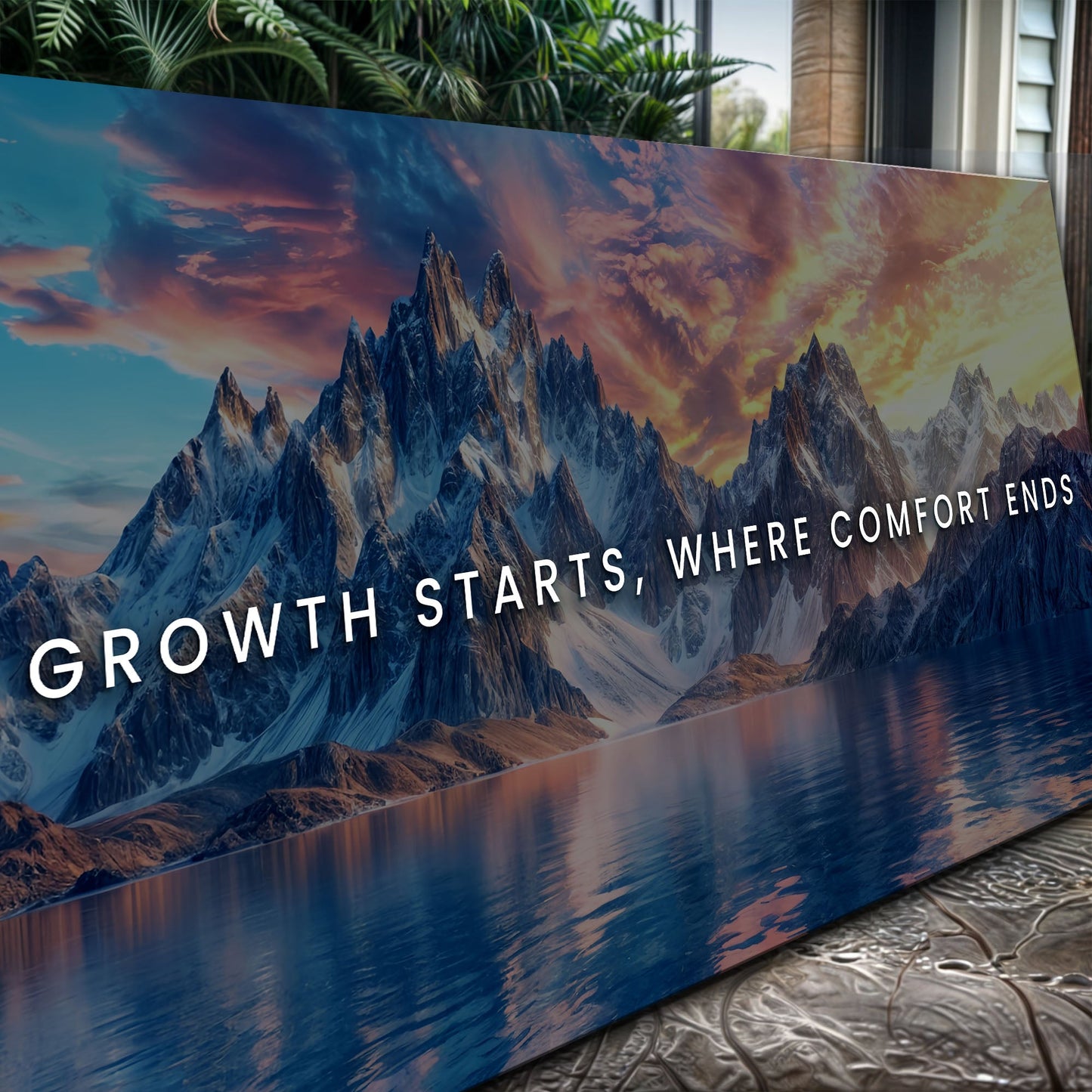 Growth Starts Where Comfort Ends canvas with mountain sunset and white typography on bottom on Tampa Home & Garden Store