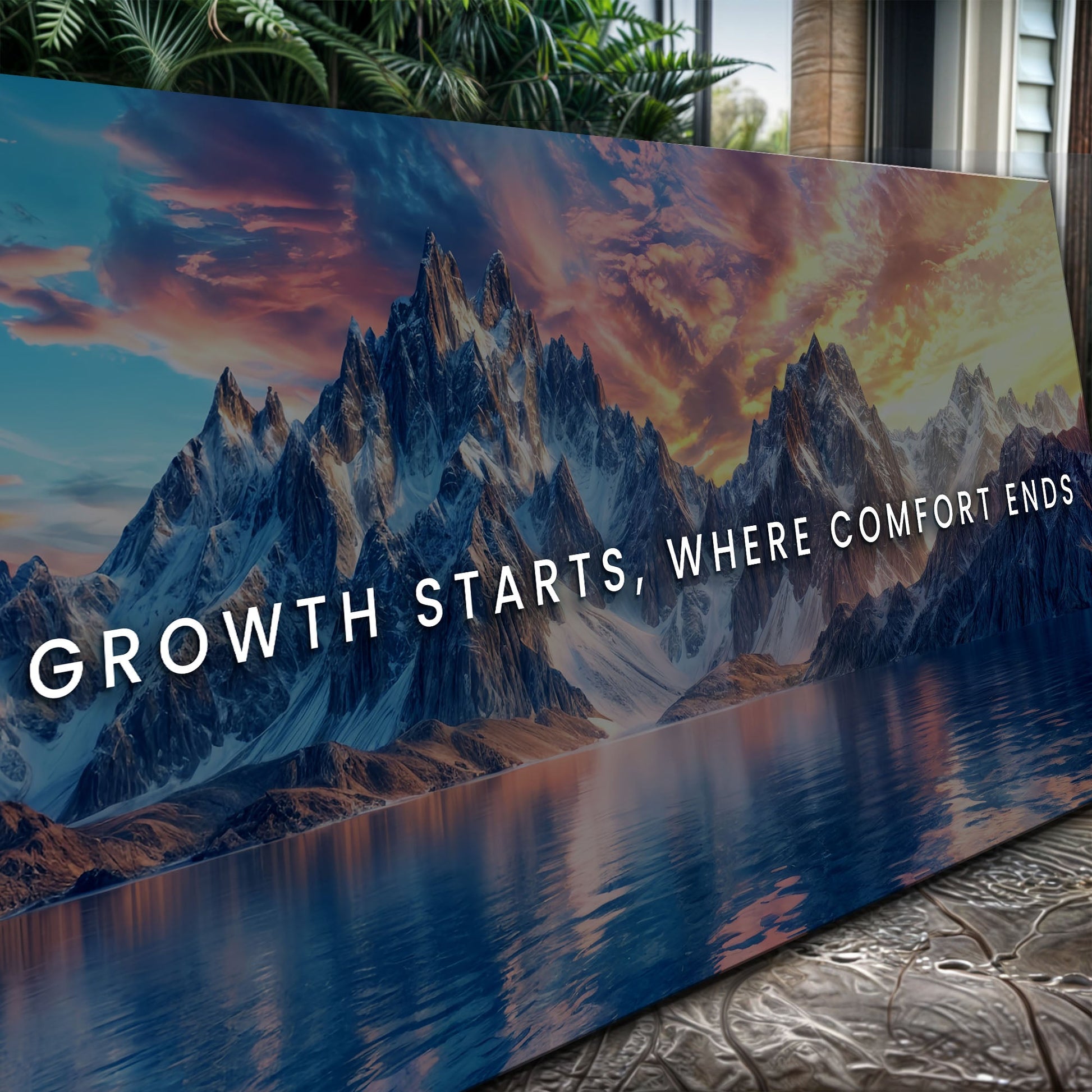 Growth Starts Where Comfort Ends canvas with mountain sunset and white typography on bottom on Tampa Home & Garden Store
