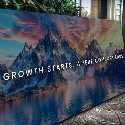 Growth Starts Where Comfort Ends canvas with mountain sunset and white typography on bottom on Tampa Home & Garden Store