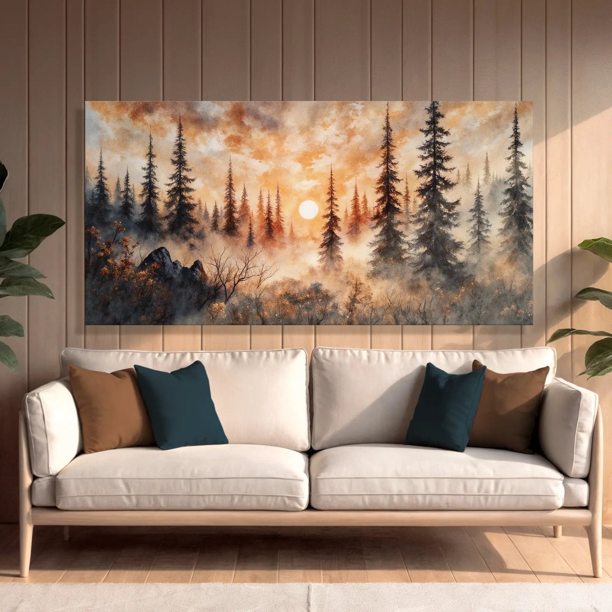 Rustic Forest Sunset Canvas by Tailored Canvases showing a warm pine forest at sunset on Tampa Home & Garden Store