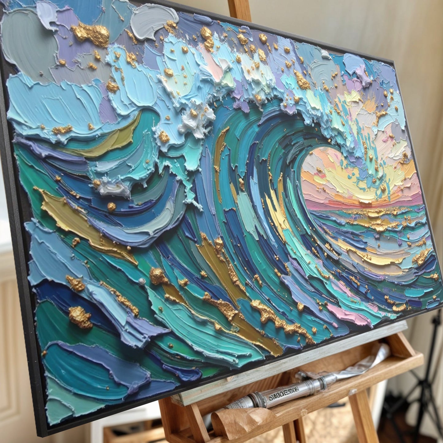Golden Tide Wall Art canvas by Tailored Canvases in teal blue with gold leaf accents on Tampa Home & Garden Store
