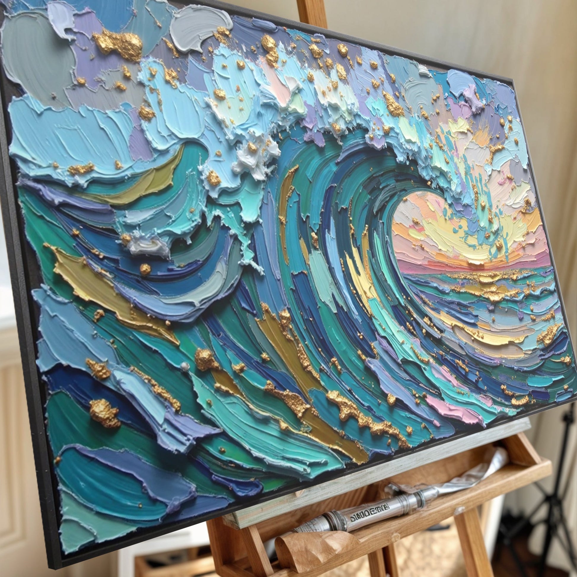 Golden Tide Wall Art canvas by Tailored Canvases in teal blue with gold leaf accents on Tampa Home & Garden Store