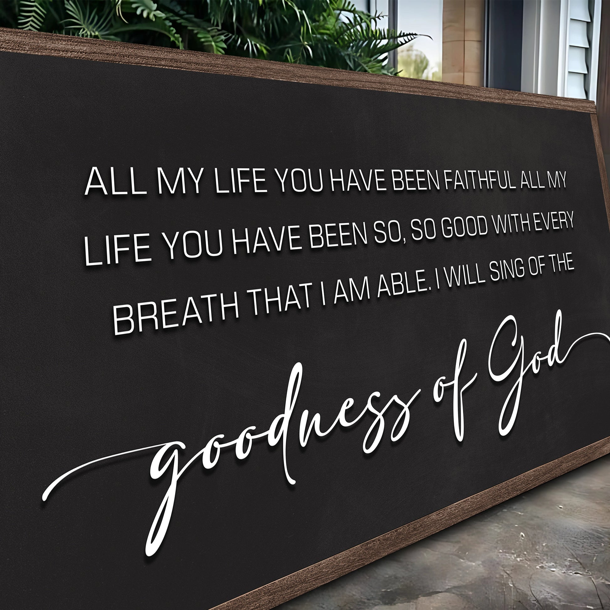 Goodness Of God Faith Sign II canvas with black surface and white cursive lettering on Tampa Home & Garden Store