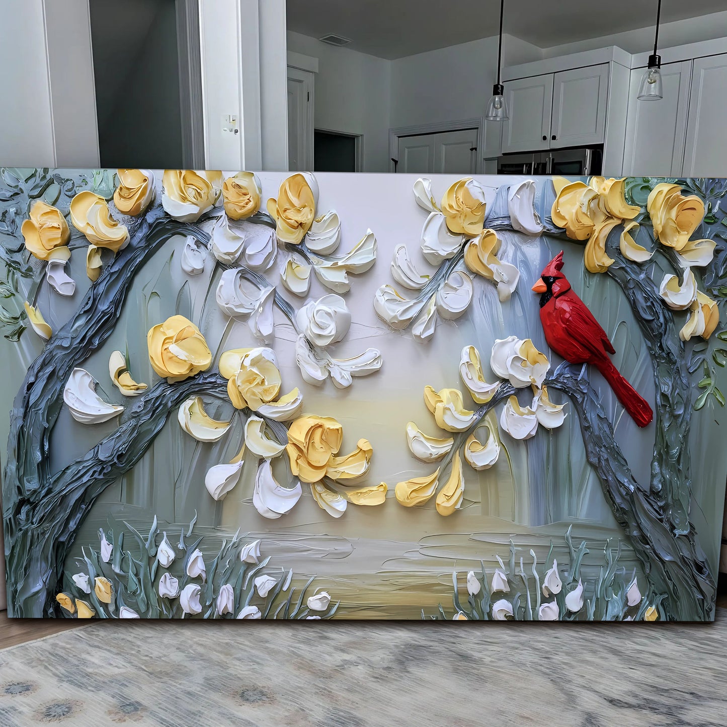 Golden Petals and Scarlet Wings canvas wall art with yellow and white petals and a scarlet bird on Tampa Home & Garden Store